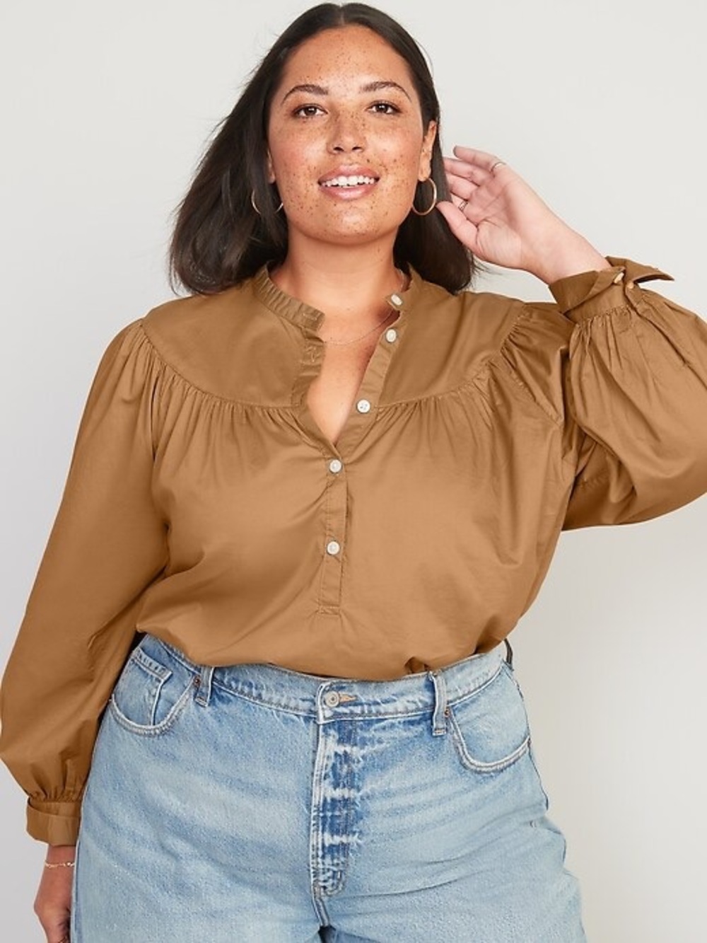 Old Navy Mocha Camel Puff Sleeve Henley Top Blouse